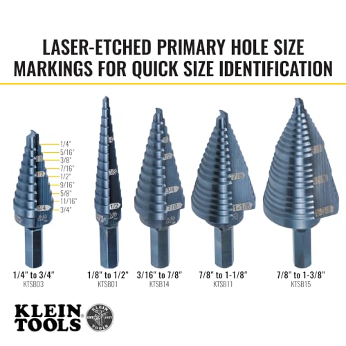 Klein Tools KTSB03 Step Drill Bit Double Fluted #3, 1/4 to 3/4-Inch with Easy-to-Read Markings and Targets, 3/8-Inch Hex Shank - size: 1/4 to 3/4-Inch, style: Standard