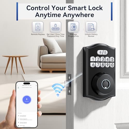 Ulecoce Y58 Deadbolt Smart Lock with Built-in WiFi, 5-in-1 Keyless Entry Fingerprint Door Lock for Front Door, App Control, Auto Lock, 15-Min DIY Install, IP54 Waterproof, Matte Black