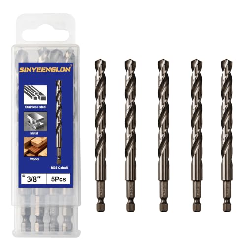 3/8 Cobalt Drill Bit for Metal and Hard Steel (5Pcs), Hex Shank Quick Change M35 HSS Twist Impact Drill Bit Set, with Storage Case - size: 3/8(5pcs)