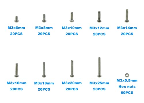 240PCS Metric M3 304 SS Phillips Pan Head Machine Screws & Nuts Kit | 9 Sizes 6-25mm Lengths 304 Stainless Steel Fully Threaded Pan Head Fasteners for PCB Electronics Arduino DIY Repair w/ Box - size: M3