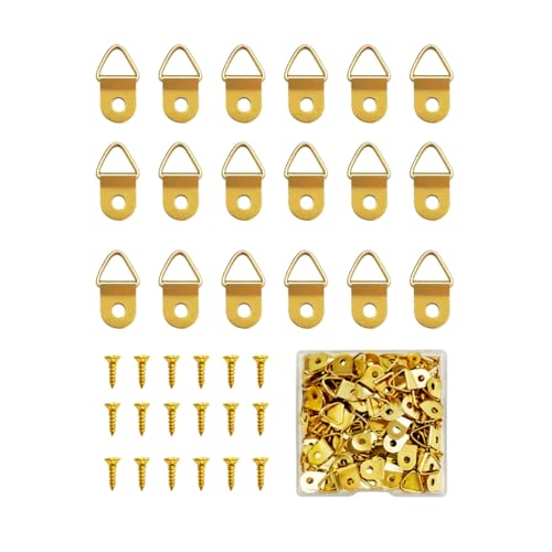 100 Pieces Small Triangle Ring Steel Picture Hangers with 100 Pieces Screws - color: Gold