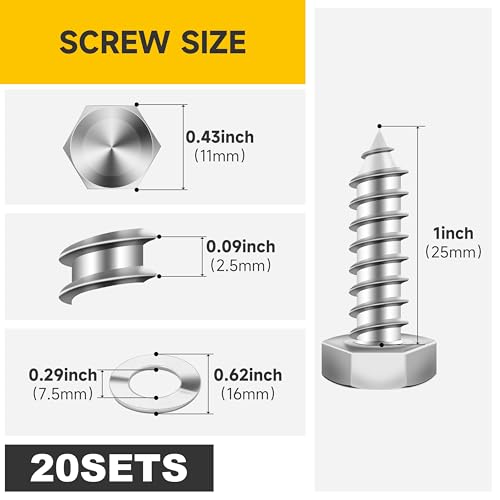 (20Sets) 1/4" x 1" Hex Head Lag Bolts, Heavy Duty Lag Screws with Washers, 304 Stainless Steel Bolts 18-8, Lag Screws Wood Screws, Partial Thread Bright Finish, 1/4 Bolt by Mywish - size: 1/4 x 1" (20 set)