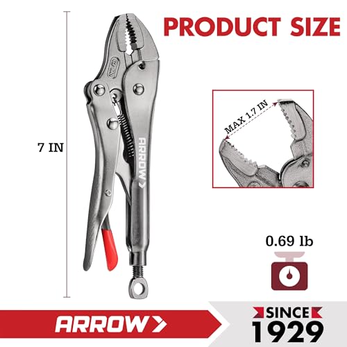 ARROW 7" Curved Jaw Locking Pliers with Screw Extractor | CR-MO Steel Pliers, Adjustable Screw, One-Hand Release, Anti-Slip Handle - size: 7 inch