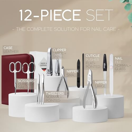Manicure Set Women and Men – 12-Piece Professional Grooming Kit with Premium Tools, Genuine Leather Case, and exclusive Glass Nail File for Hand & Foot Care, German Quality - color: Red