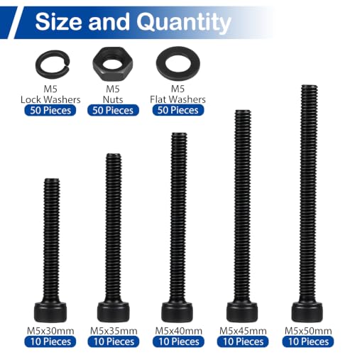 201Pcs M5 x 30-50mm Socket Head Cap Screws Assortment, with Nuts Washers - size: M5 Long Screws Kit