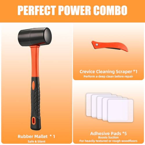 Floor Gap Fixer Tool Kit (4 in 1) – Heavy Duty 45° Striking Surface Floor Gap Repair Tool with Hammer, Crevice Cleaning Tool, 5Pcs Sticky Pads, Iron & Enhanced Suction Cup for Laminate/Vinyl Flooring