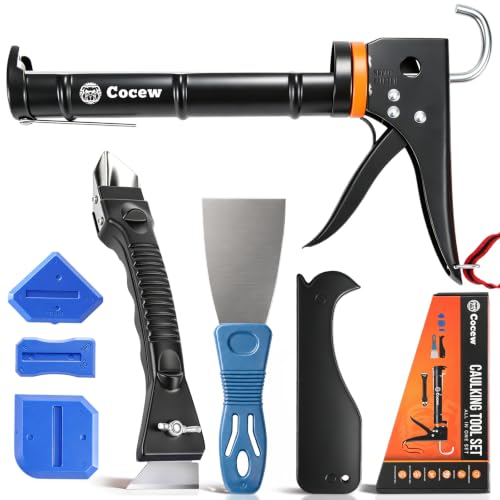 Caulk Gun Kit, Smooth Silicone Caulking Gun and Caulk Remover Tool, Sealant Finishing Tool Grout Scraper for Kitchen Bathroom Window Sink Joint, All in One with Gift Box - color: Black
