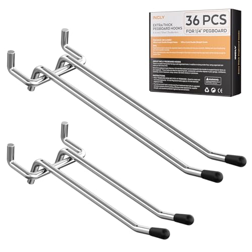 INCLY 36 Pack 4/6 Inch Double Arm Pegboard Hooks, 1/4" Heavy Duty - color: Silver