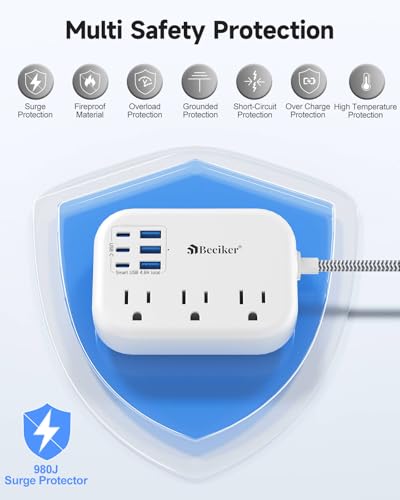 Beeiker Short Extension Cord 1 Ft,6 USB (3 USB C) Power Strip,3 Outlets - size: 1 FT-24W-980J-White