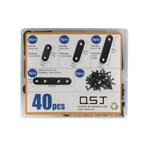 QSJ 40 Pack Black Corner Braces Flat Bracket Set 1.42/1.81/2.2/3inch Stainless Steel Metal Plate for Wood - size: 40Pcs Bracket Set (Strip-1.42/1.81/2.2/3'')