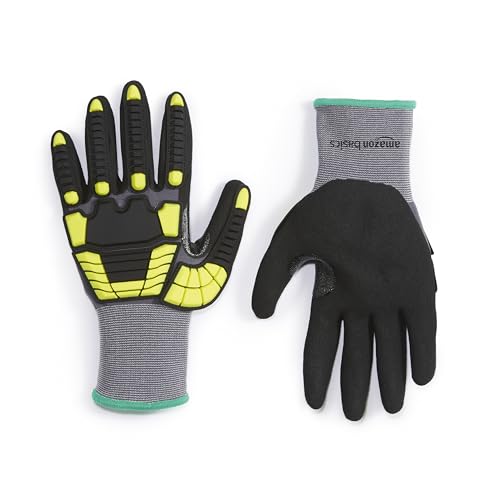 Amazon Basics Safety Work Gloves, Cut Level A1, Abrasion ANSI Level A4, Impact Protection, Touch Screen Friendly, 15G Sandy Nitrile Palm, Yellow, Size Medium, Pack of 120 Pairs - size: Medium