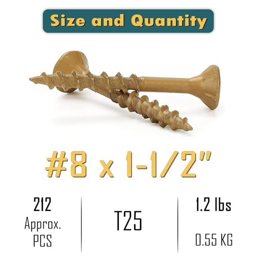 WELLOCKS #8 x 1-1/2 in Tan Deck Screws, 204 PCS with T25 Bit - size: #8×1-1/2", style: 1.2LBS Tan