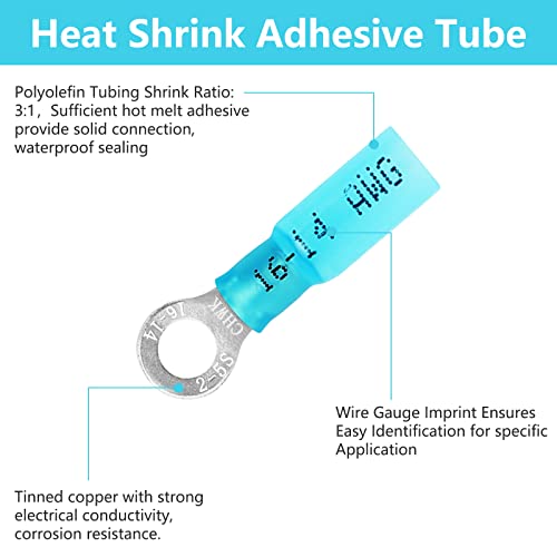 200PCS Heat Shrink Ring Terminals, Marine Grade - size: AWG(16-14)