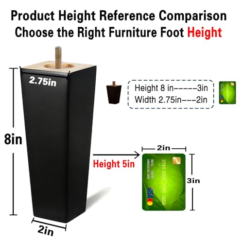 SHANJUE 8 Inch Black Couch Legs - Square Wood Sofa Legs for Furniture, 4PC - size: 8 inch