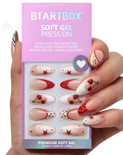 BTArtbox Press On Nails, Pinky Swear, Medium Almond, Red French Tip, 30Ct - color: B-Pinky Swear