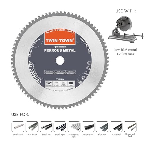 TWIN-TOWN 14-Inch 80 Teeth Metal Steel Cutting Saw Blade for Dry Cutting Mild Steel and Ferrous Metals, 1-Inch Arbor, Cermet Carbide Tipped Up to 5X Longer Life, Compatible with Circular and Chop Saws - size: 14" 80T medium steel