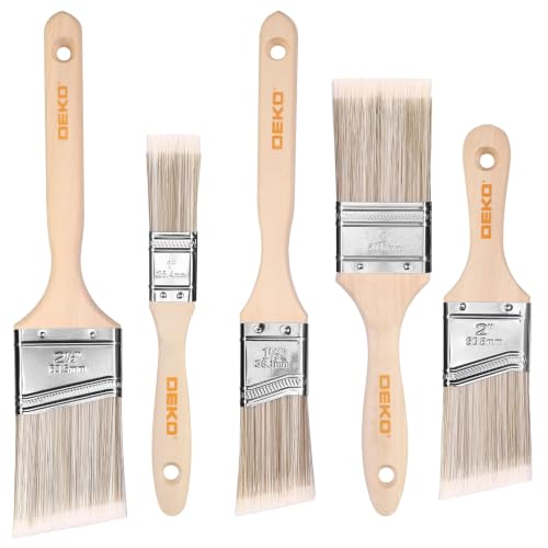 DEKOPRO Paint Brushes, 5-Piece Paint Brush Set with Wood Handle, Flat & Angle Paint Brushes for Walls, Trim, Cabinets & Detail Work, Interior & Exterior, Furniture, Latex and Oil Paints, Stains