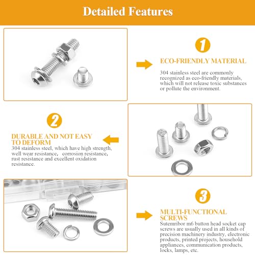 151 Pieces M6 Screws Nuts Washers Set, Sutemribor M6 x 8/10/12/16/20/25/30mm Button Head Socket Cap Screws Nuts Washers Assortment Kit, 304 Stainless Steel, Fully Threaded - size: M6, style: Button Head Socket Cap