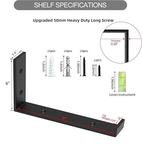 WEKIS Shelf Bracket, Heavy Duty Floating Shelf Brackets 10-Inch Long, 12-Pack Brackets for Shelves, Black Coated J Shape Metal Wall Shelf Support Brackets with 1/5-Inch Thick and 160 lb. Load Capacity - size: 10 Inch