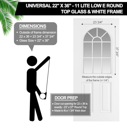 22 x 36 Entry Door Glass Insert with Low-e Glass, 11 Lite Round Top - size: 22 x 36, style: 11 Lite Round Top