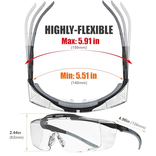 HTS HUNTERSKY ANSI Z87.1+ Anti Fog Fit Over Eyeglasses Safety Glasses Up to 1.88 inch 99.9% UV Protection OTG Lab Goggles - color: 3906c Black-gray / Clear Lens - W/ Case
