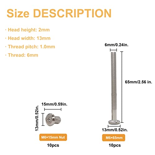 10-Pack M6x65mm Furniture Connecting Bolts Inserted Connector Nuts Nickel Plated 10pcs M6 x 10mm Flanged Button Socket Cap Screws, 304 Stainless Steel - size: M6x65mm 10-Pack