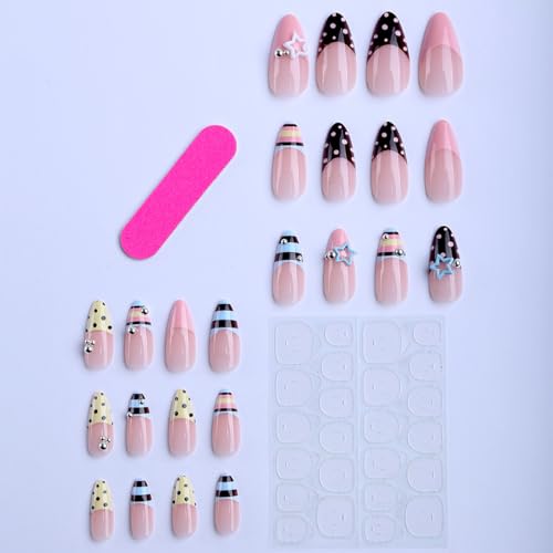 Medium Almond Press On Nails with French Tip Y2K Star Polka Dot Stripe - color: Style17