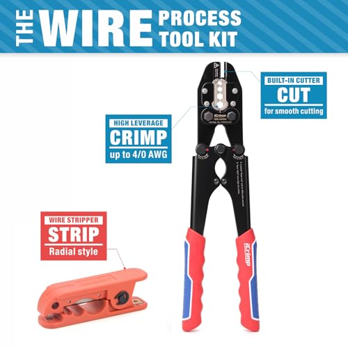 iCrimp Battery Cable Lug Crimping Tool Kit for 8, 6, 4, 2, 1,1/0, 2/0, 3/0, 4/0 AWG Copper Ring Terminals, Battery Cable Ends, Copper Splice, c/w Radial Wire Stripper - size: AWG8-4/0