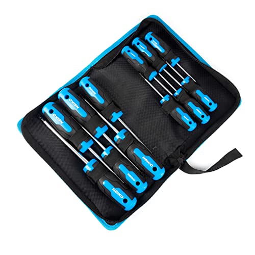 NEIKO 01377A Magnetic Torx Screwdriver Set | 12 Piece | T5 – T40 | 6 Point Star Head Driver | Heat Treated Chrome Vanadium Steel | Non Slip Cushioned Handle Grip | Magnet Bit Tip | Carrying Pouch - size: Torx Set