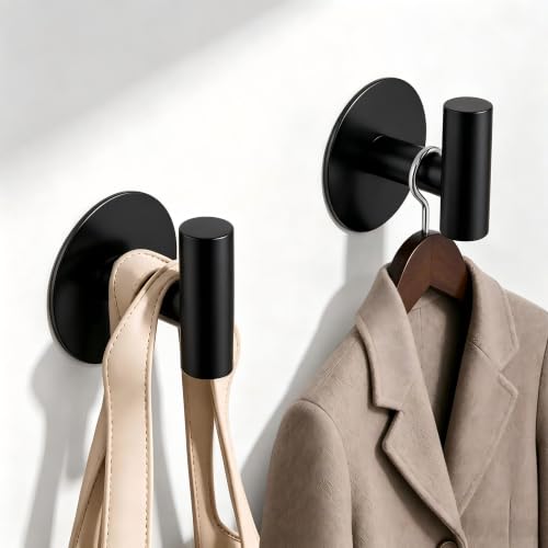 Self-Adhesive Coat Hooks, Stainless Steel Heavy Duty Wall Hooks, Towel Hooks for Hanging Robes, Aprons, Coats and Hats in Bathrooms,Kitchens and Hotels(2 Pack, Black) - color: Black, size: Adhesive "T" Shape- 2 Pack