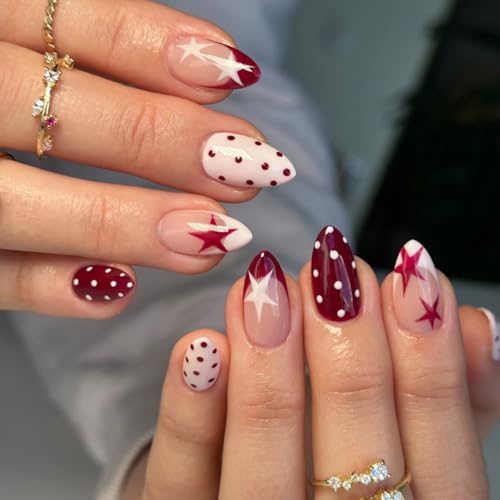 Short Almond Press On Nails Red White with Y2K Star Polka Dot - color: Style20
