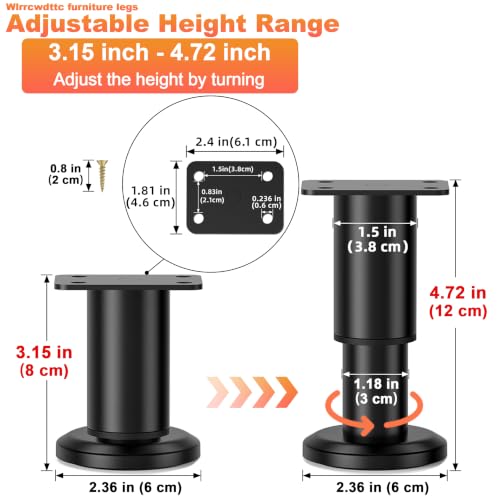 Wlrrcwdttc 4 Pcs Metal Adjustable Furniture Legs 3.15-4.72 inch, Adjustable Cabinet Legs for Sofa/Bed/Chair/Couch/Dresser/Table,Heavy Duty Bed Replacement Support Legs for Bed Frame/Bed Center Slat - size: 3.15-4.72 inch (4pcs)