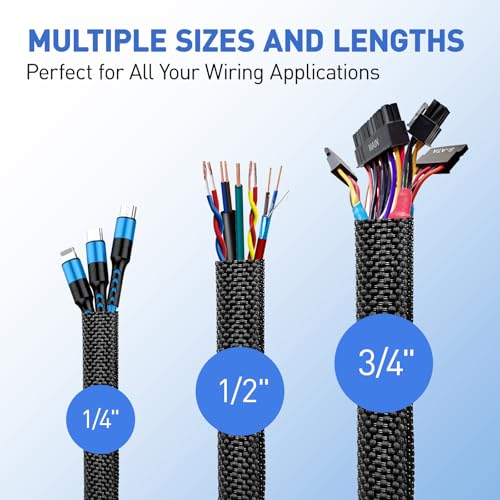 Cable Management Sleeve Automotive Split Wire Loom Heat Resistant Cord Cover Sleeving Critter Charger Cord Protectors from Pets No Chew Cat Dog Self Wrapping Braided Audio Video 18FT - 1/4 inch - size: 1/4"-18Feet