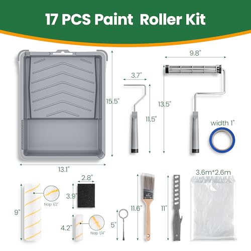 VOOMEY 17 Piece Paint Roller Kit, 9" & 4" Rollers with Tray & Brushes | Includes Roller Frames, Microfiber Covers, Tray and Brushes for DIY House Painting, Walls, Ceilings and Home Projects - style: 17pcs paint roller kit