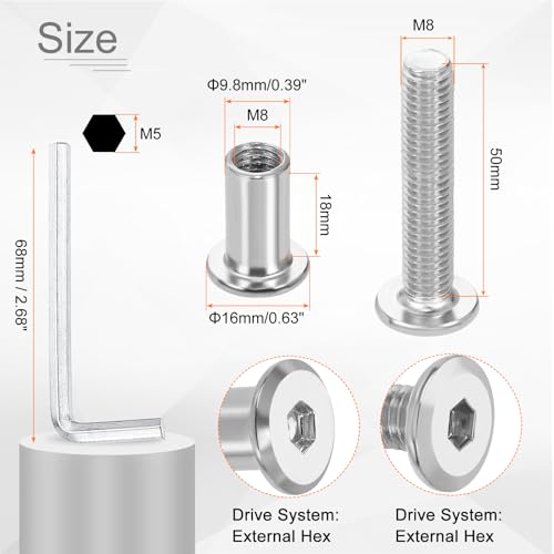 HARFINGTON 10 Set M8x50mm Hex Drive Socket Cap Bolt and M8x18mm Nuts with M5 Hex Wrench, Furniture Connector Bolts and Screws for Furniture Countersunk Belt, Silver - size: M8x50mm, M8x18mm