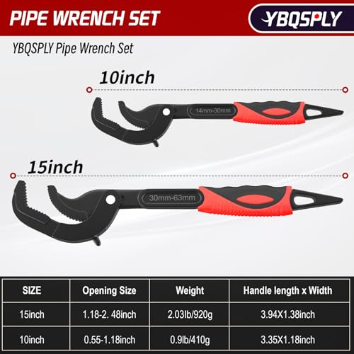 Pipe Wrench Set, 10” and 15” Self Adjusting Wrench 2 Pipe Vise Wrench for 0.55“-2.48”/14-60mm Standard Nuts, Irregular Nuts, Pipes Use