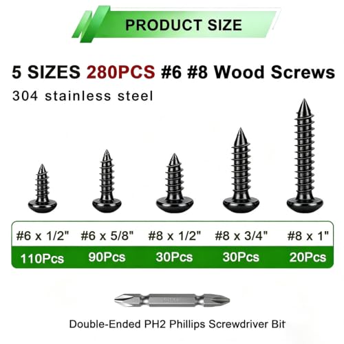 280Pcs Black Pan Head Wood Screws Assortment Kit,304 Stainless Steel Self Tapping Wood Screws #6/#8 Screw Kit,Round Head Screws Phillips Drive, Sheet Metal Screws - size: 280PCS-BK