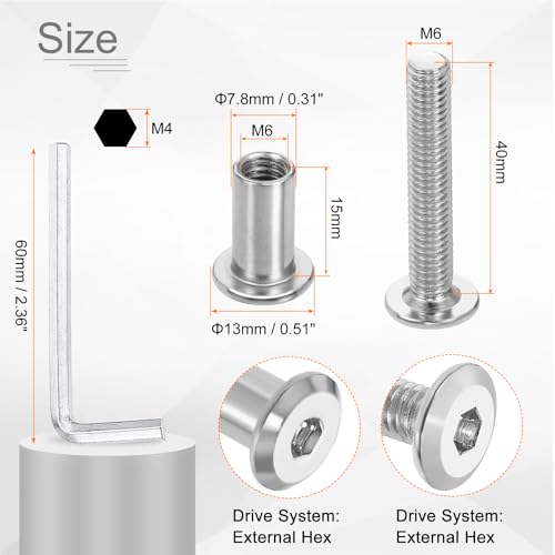 HARFINGTON 10 Set M6x40mm Hex Drive Socket Cap Bolt and M6x15mm Nuts with M4 Hex Wrench, Furniture Connector Bolts and Screws for Furniture Countersunk Belt, Silver - size: M6x40mm, M6x15mm