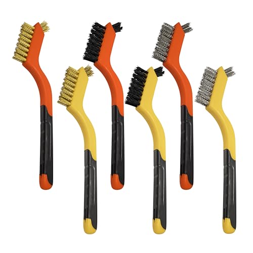 6Pcs Small Wire Brushes for Cleaning Rust, Brass/Nylon/Stainless Steel Brushes with Curved Handle for Cleaning Metal, Paint Removal, Weld Slag & Dirt Cleaning