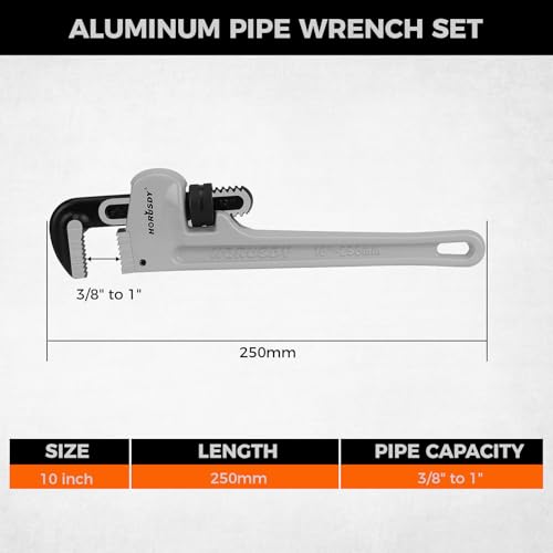 HORUSDY 10-Inch Aluminum Pipe Wrench, Heavy Duty Adjustable Plumbing Wrench for Pipe Fittings, Lightweight 250mm Gray Pipe Tool, Strong Grip & Durable Design for Home and Professional Use - style: 10" Lightweight Aluminum