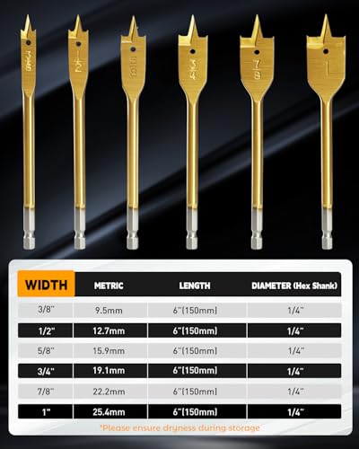 COMOWARE Spade Drill Bit Set- Paddle Flat Bits, Hole Cutter, Titanium Coating, Carbon Steel, Woodworking, 6-Pieces, 3/8"-1" - style: 6 pcs Titanium