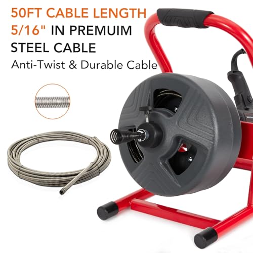 Drain Cleaner Machine 50Ft x 5/16 Inch, Electric Drain Auger Professional, Foot Switch with 6 Cutters, Glove, Drain Auger Cleaner Sewer Snake for 3/4 to 3 Inch Pipes - style: L