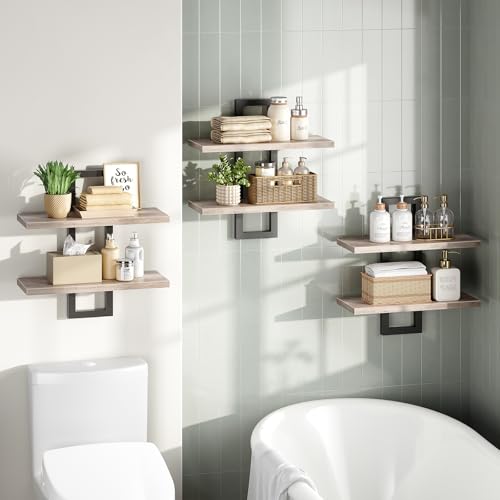 HOOBRO Floating Shelves, 15 Inch Wall Shelf Set of 3, Wall Mounted Storage Shelves 2-Tier, Hanging Bathroom Shelves, for Living Room, Bedroom, Bathroom, Kitchen, Greige and Black BG32BJP301 - color: Greige + Black
