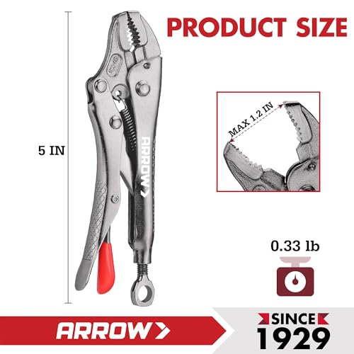 ARROW 5" Curved Jaw Locking Pliers with Screw Extractor | CR-MO Steel Pliers, Adjustable Screw, One-Hand Release, Anti-Slip Handle - size: 5 inch
