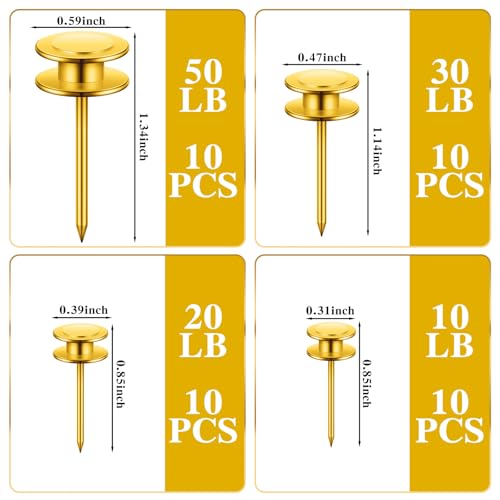 Ferraycle 40 Piece Double Headed Picture Hangers Nails 4 Size Thumb Tacks for Wall Hanging Renter Friendly Decor Heavy Duty Push Pins Wall Nails for Drywall Frame Art, 10/20/ 30/ 50lb(Gold) - color: Gold