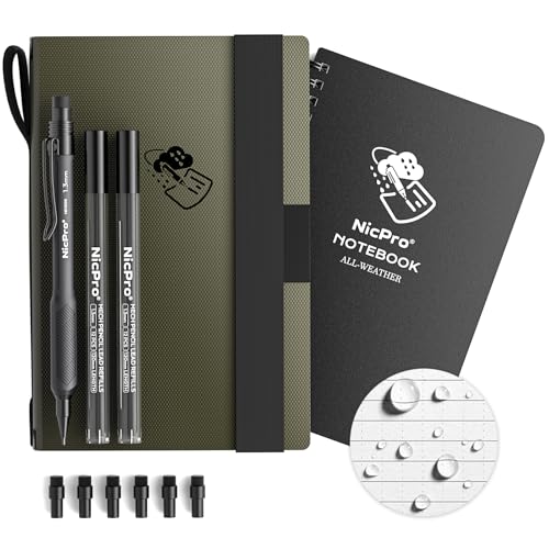 Nicpro Waterproof Notebook with Mechanical Pencil 1.3mm, TPU Fabric Cover | 4.8"x7" Stone Paper Notebook, 1.3mm Carpenter Pencil with Lead Refill & Eraser for Outdoor Journal Travel Drafting Drawing - style: HD1000 Mechanical Pen