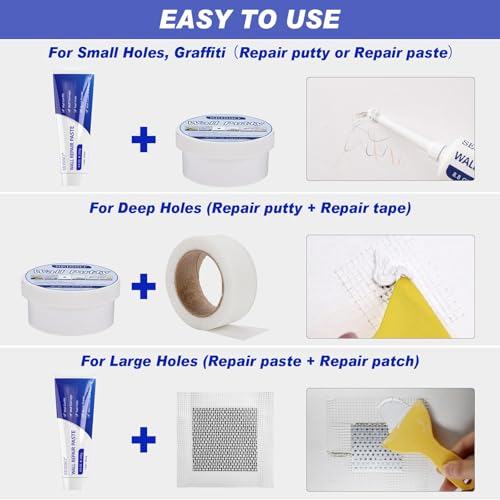 SEISSO Drywall Repair Kit, White- Wall Mending Agent 250 g* 2, Wall Repair Paste Plaster, 1 Pack Wall Putty, Repair Tape and Wall Repair Patch with 2inch 4inch, Quick Fill Crack and Nail Hole - style: 2pcs paste + putty