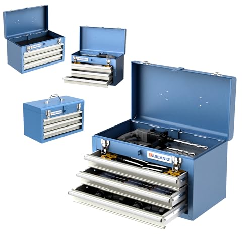LARBANKE Metal Tool Box,3 Drawer Tool Box with Top Storage Tray, Portable Tool Chest with Locking System and Drawer Liner, Hand Carrying Tool Chest for Garage,Home or Workbench