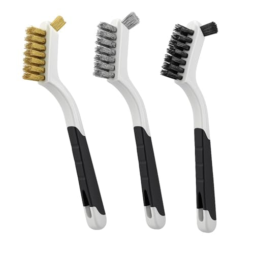 3pcs Wire Brush Set Nylon Brass and Stainless Steel Bristle Brushes with Curved Nonslip Handle for Rust Paint Dirt and Grime Removal Heavy Duty Cleaning Tool 7 Inch White