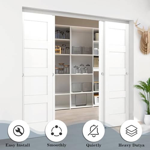 JUBEST 8FT/96" Bypass Door Hardware,Heavy Duty Aluminum Sliding Closet Door Hardware Set with Finger Pulls for 4 Doors System,Sturdiness and Smoothly,Easy to Insatll,Silver - size: 8 feet for 4 doors